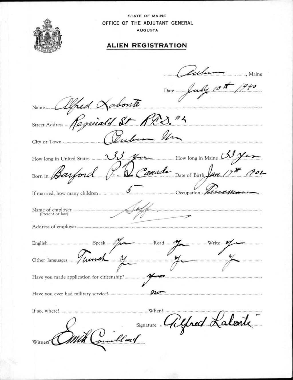 Miniature of Alien Registration- Labonte, Alfred (Auburn, Androscoggin County)