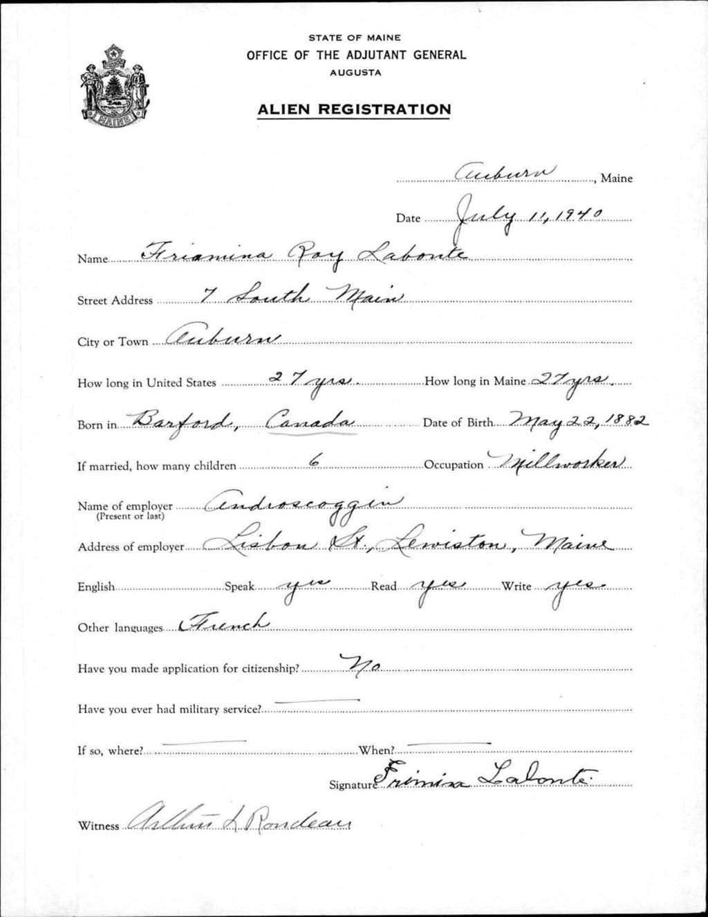 Miniature of Alien Registration- Roy, Friamina (Auburn, Androscoggin County)