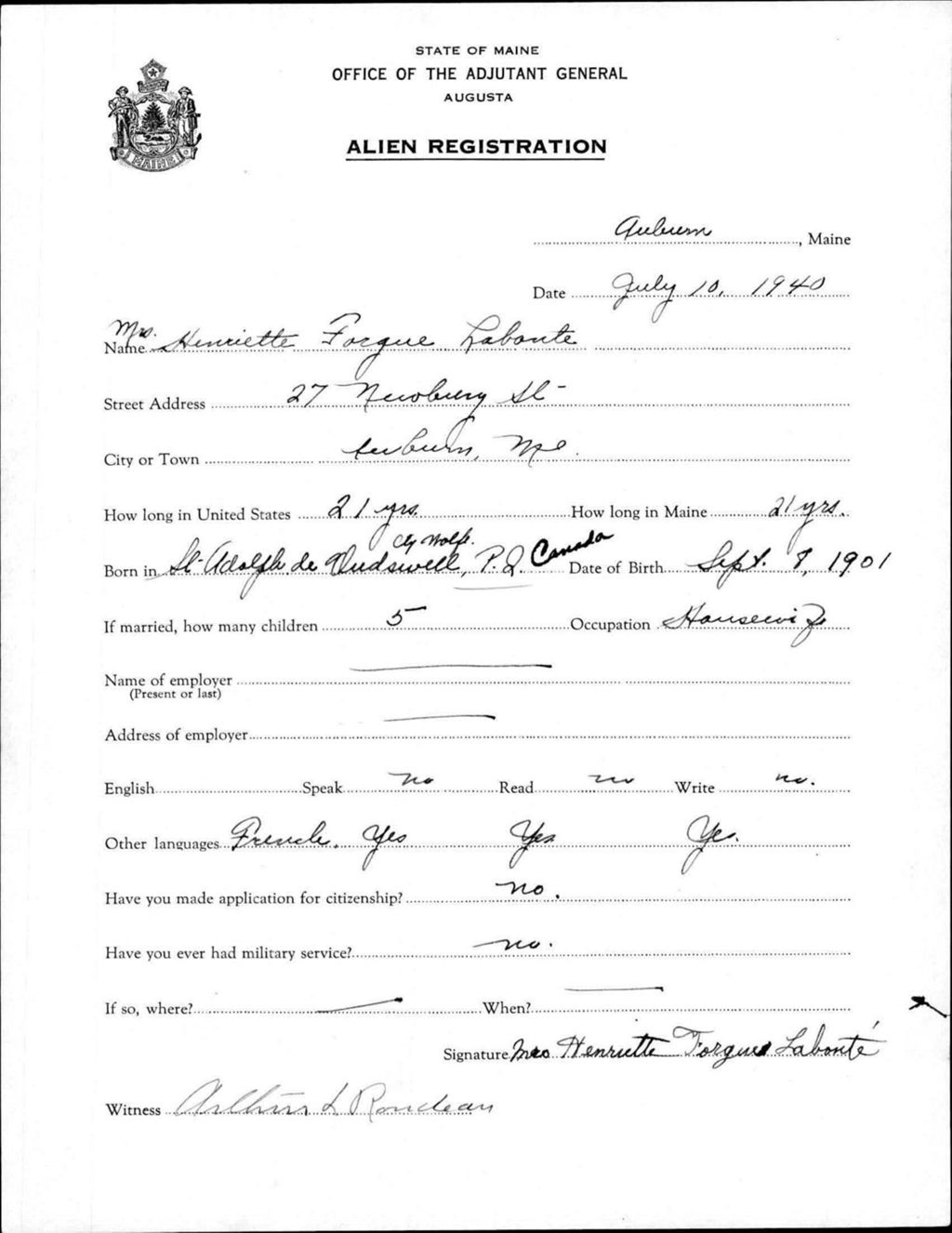 Miniature of Alien Registration- Forque, Henriette (Auburn, Androscoggin County)