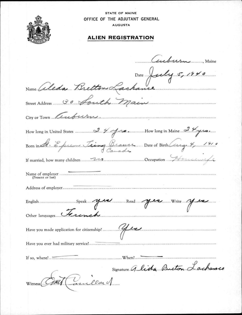 Miniature of Alien Registration- Bretton, Aleda (Auburn, Androscoggin County)