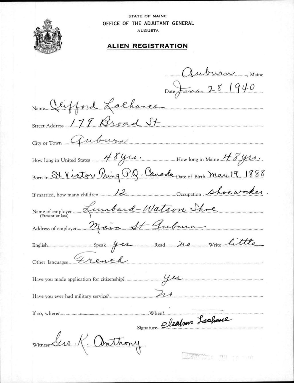 Miniature of Alien Registration- Lachance, Clifford (Auburn, Androscoggin County)