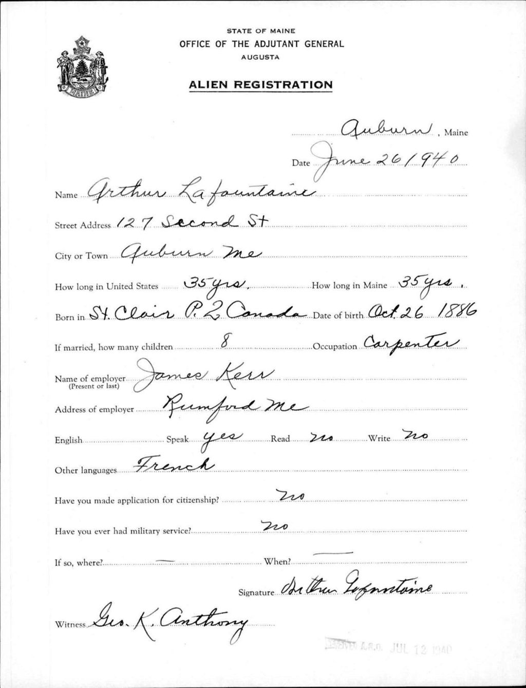 Miniature of Alien Registration- Lafontaine, Arthur (Auburn, Androscoggin County)