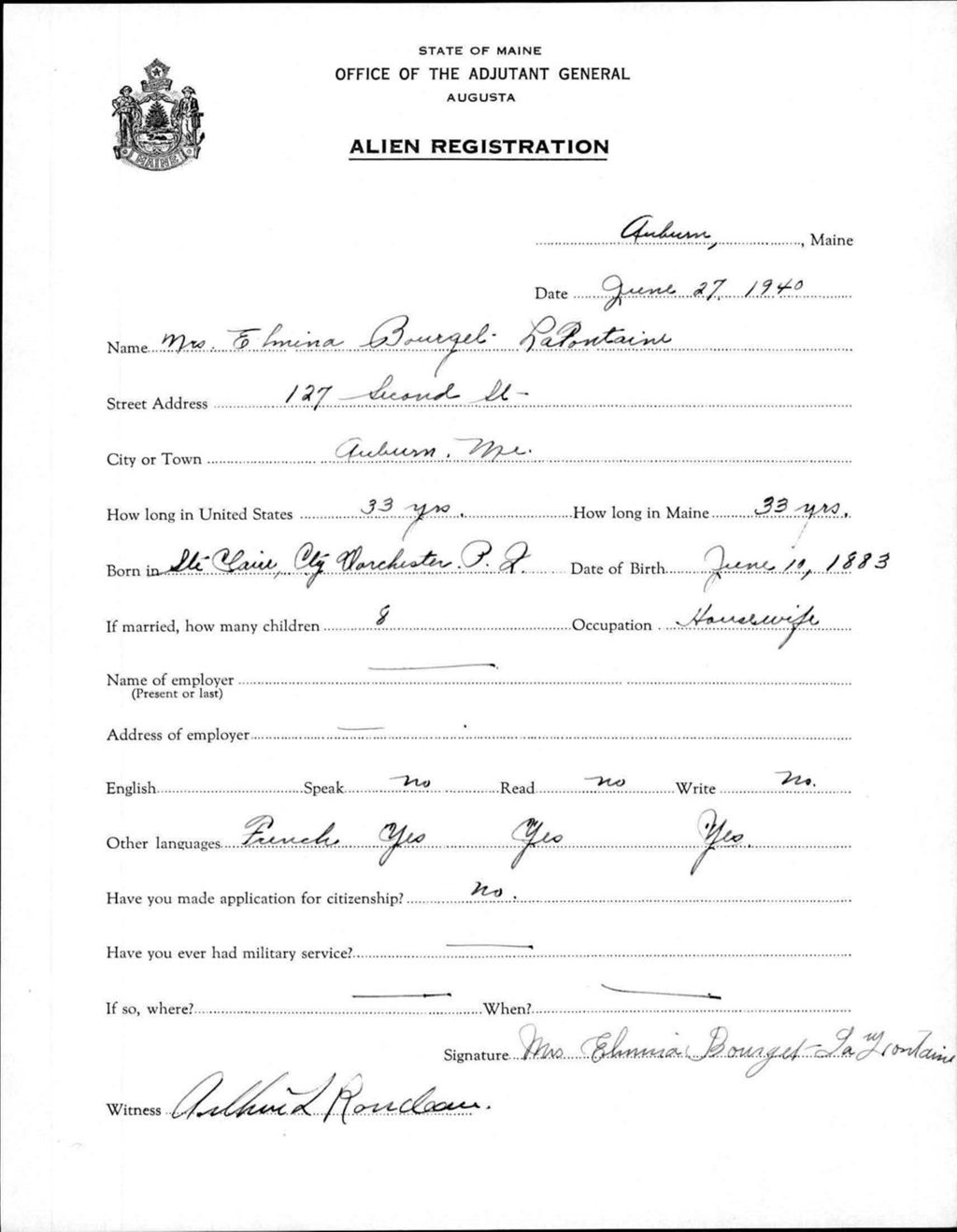 Miniature of Alien Registration- Bourgel, Elmina (Auburn, Androscoggin County)