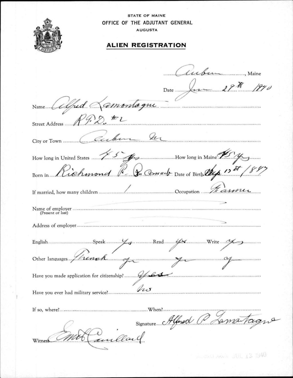 Miniature of Alien Registration- Lamontagne, Alfred (Auburn, Androscoggin County)