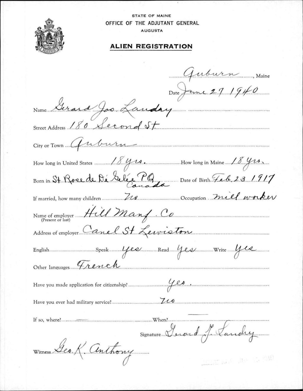 Miniature of Alien Registration- Landry, Gerard J. (Auburn, Androscoggin County)