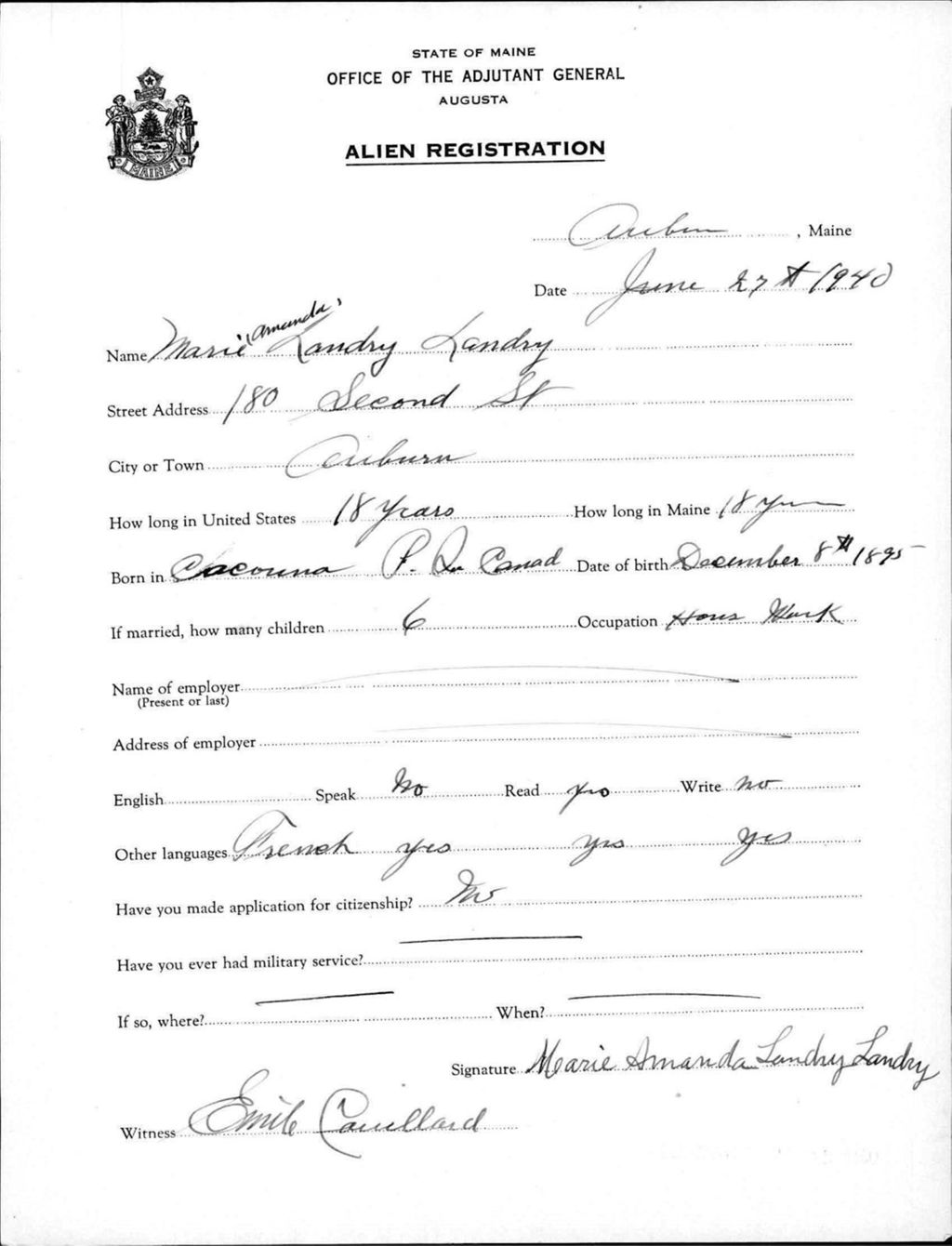 Miniature of Alien Registration- Landry, Marie A. (Auburn, Androscoggin County)