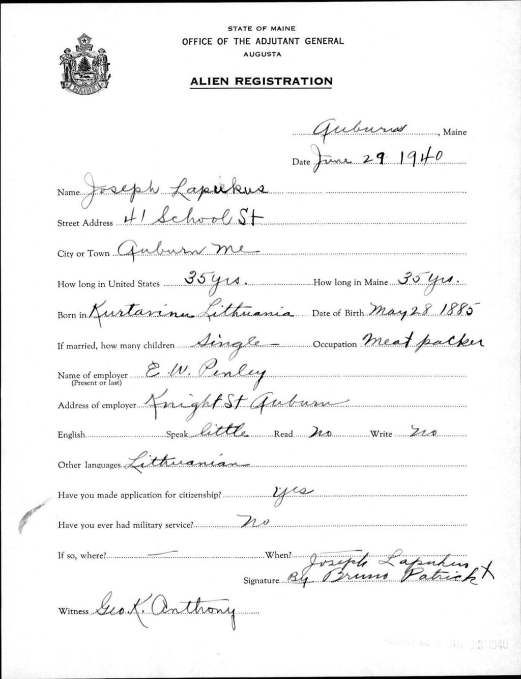 Miniature of Alien Registration- Lapukus, Joseph (Auburn, Androscoggin County)