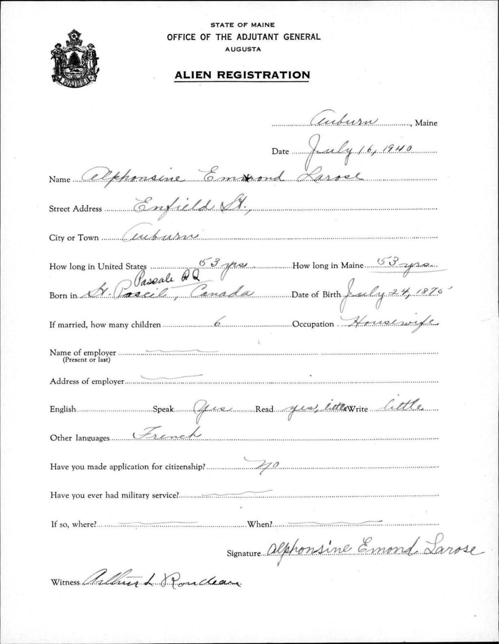 Miniature of Alien Registration- Emond, Alphonsine (Auburn, Androscoggin County)