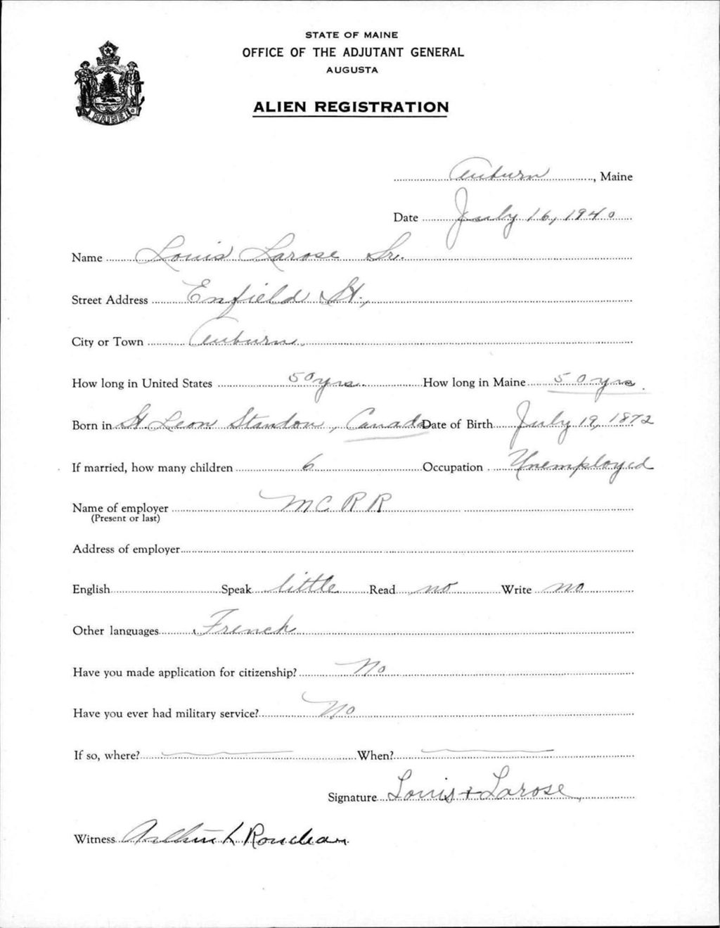Miniature of Alien Registration- Larose, Louis, Sr. (Auburn, Androscoggin County)