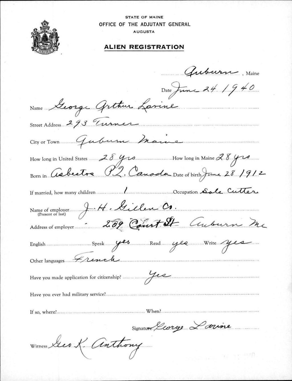 Miniature of Alien Registration- Lavine, George A. (Auburn, Androscoggin County)