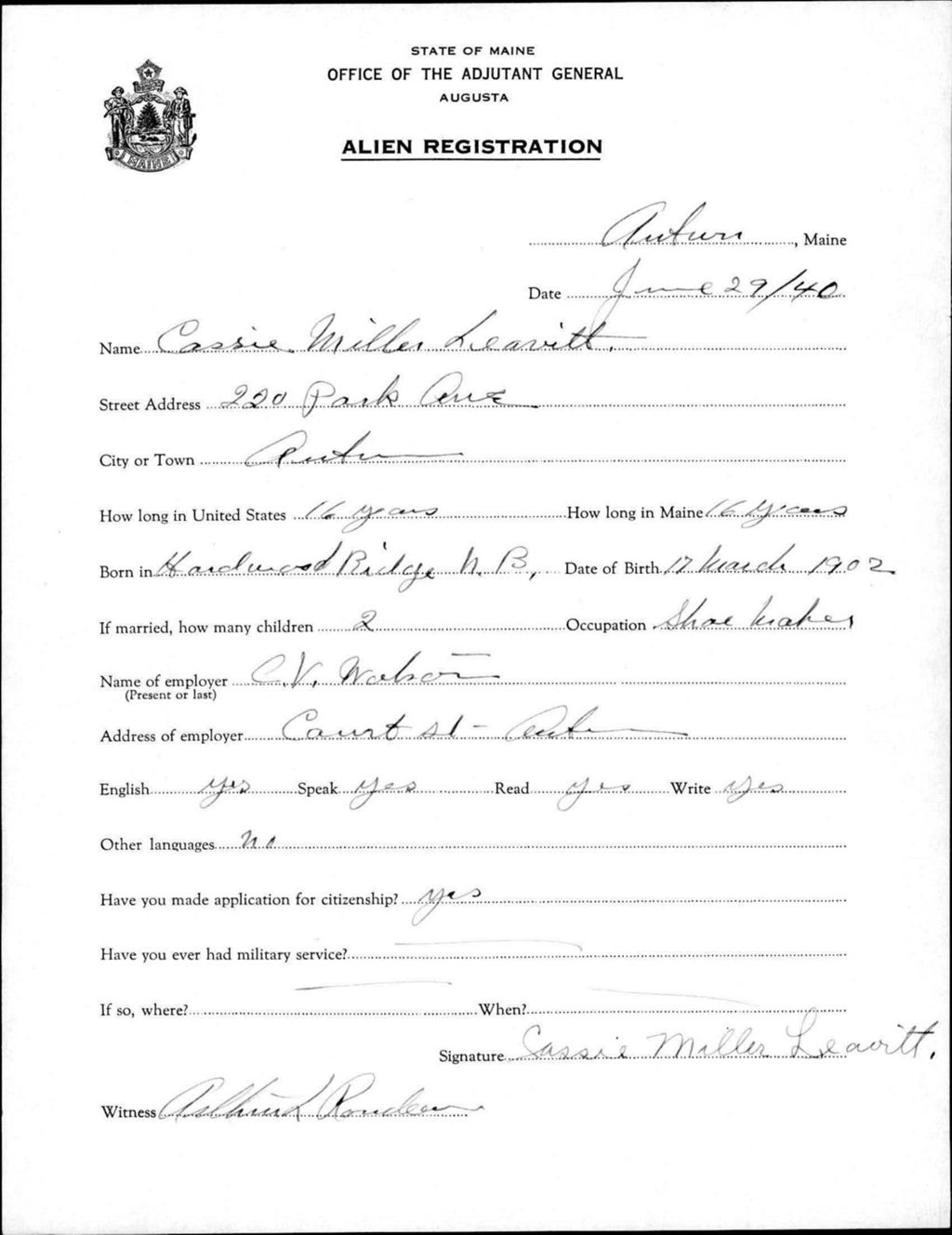Miniature of Alien Registration- Miller, Cassie (Auburn, Androscoggin County)