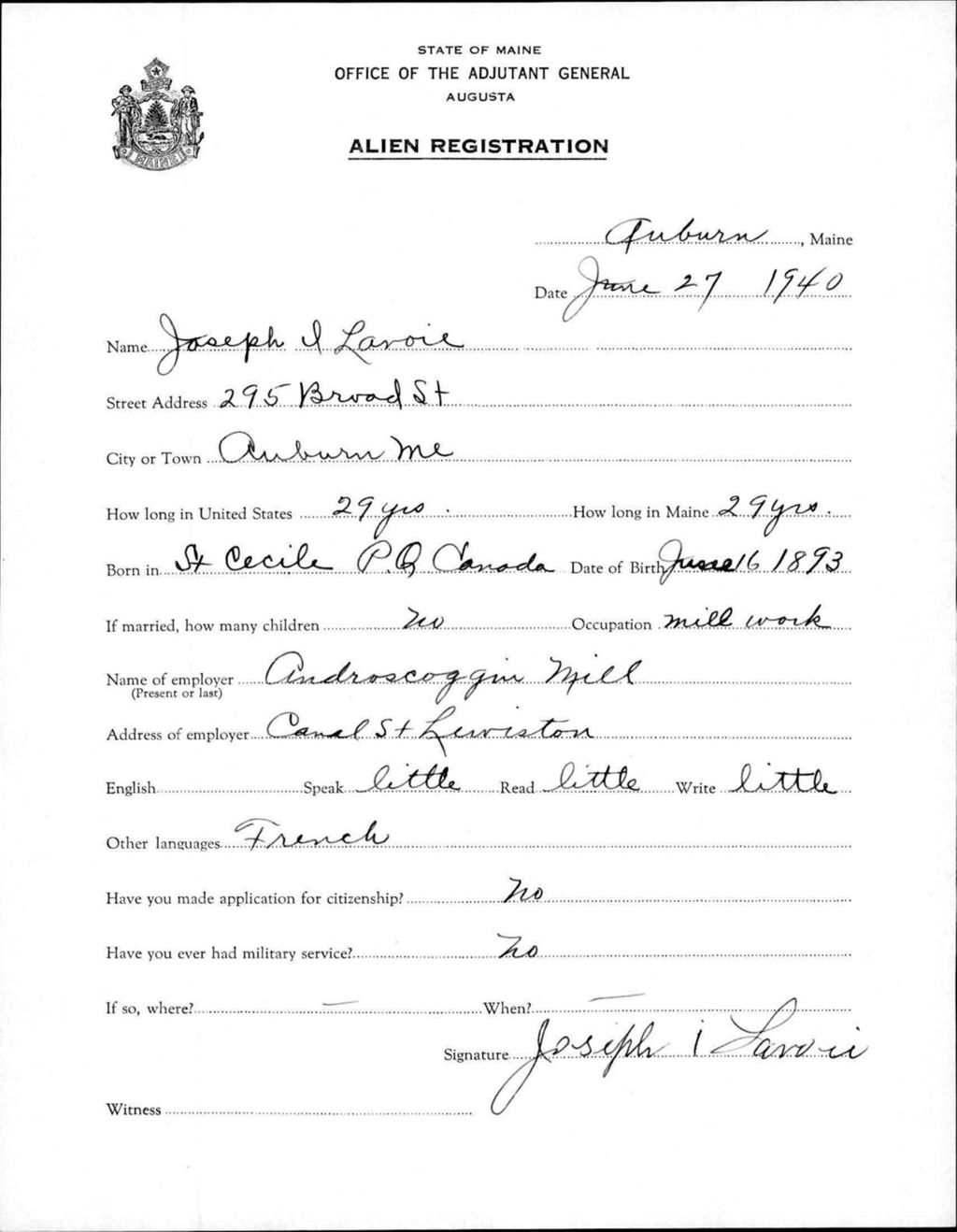 Miniature of Alien Registration- Lavoie, Joseph I. (Auburn, Androscoggin County)