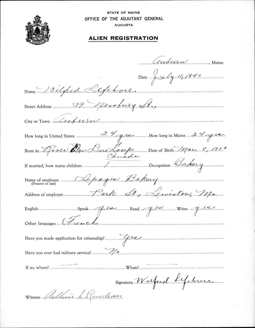 Miniature of Alien Registration- Lefebvre, Milfred (Auburn, Androscoggin County)