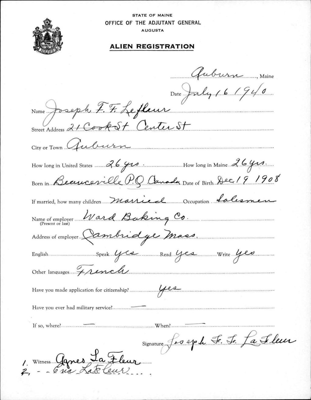 Miniature of Alien Registration- Lefleur, Joseph F F. (Auburn, Androscoggin County)