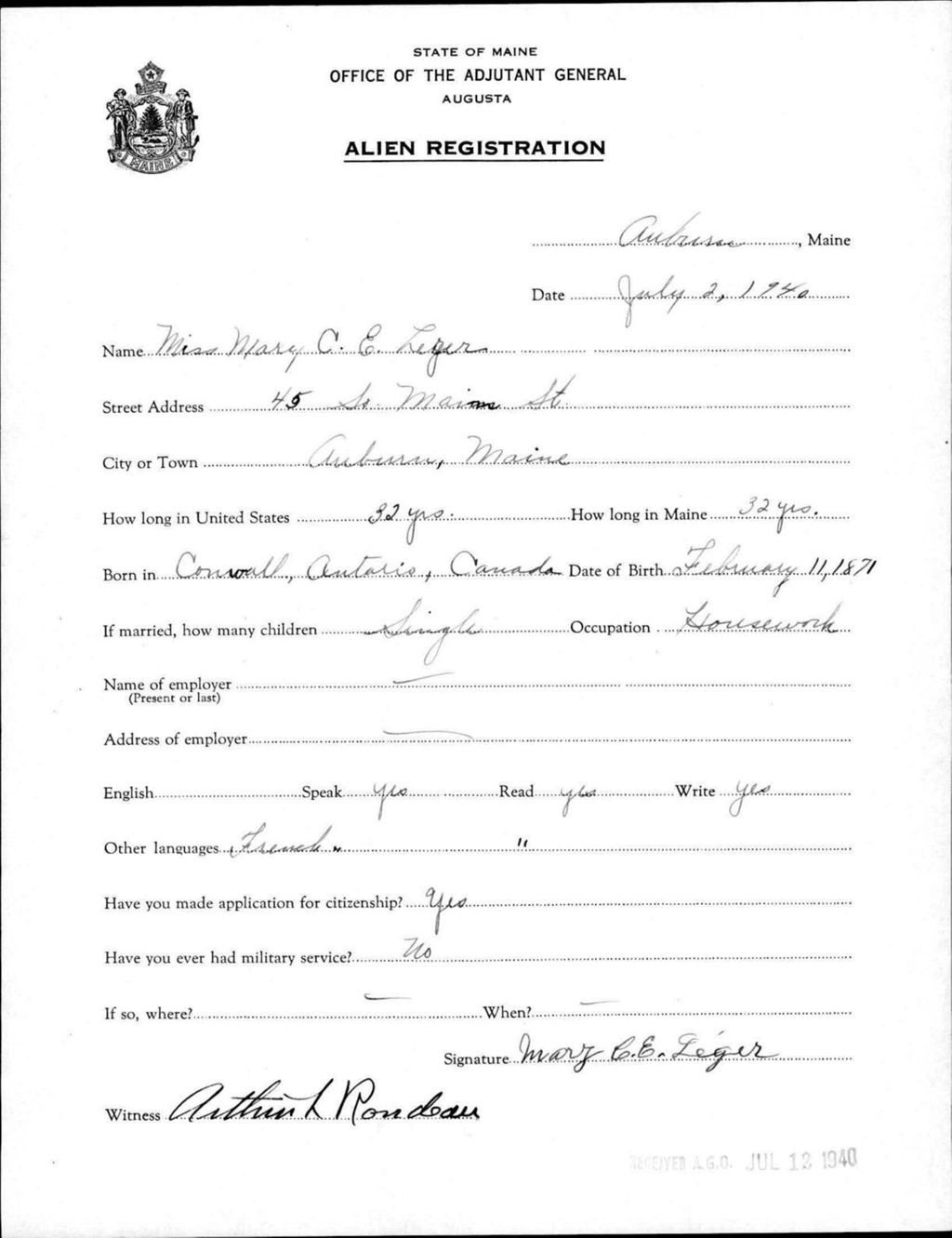 Miniature of Alien Registration- Leger, Mary C E. (Auburn, Androscoggin County)