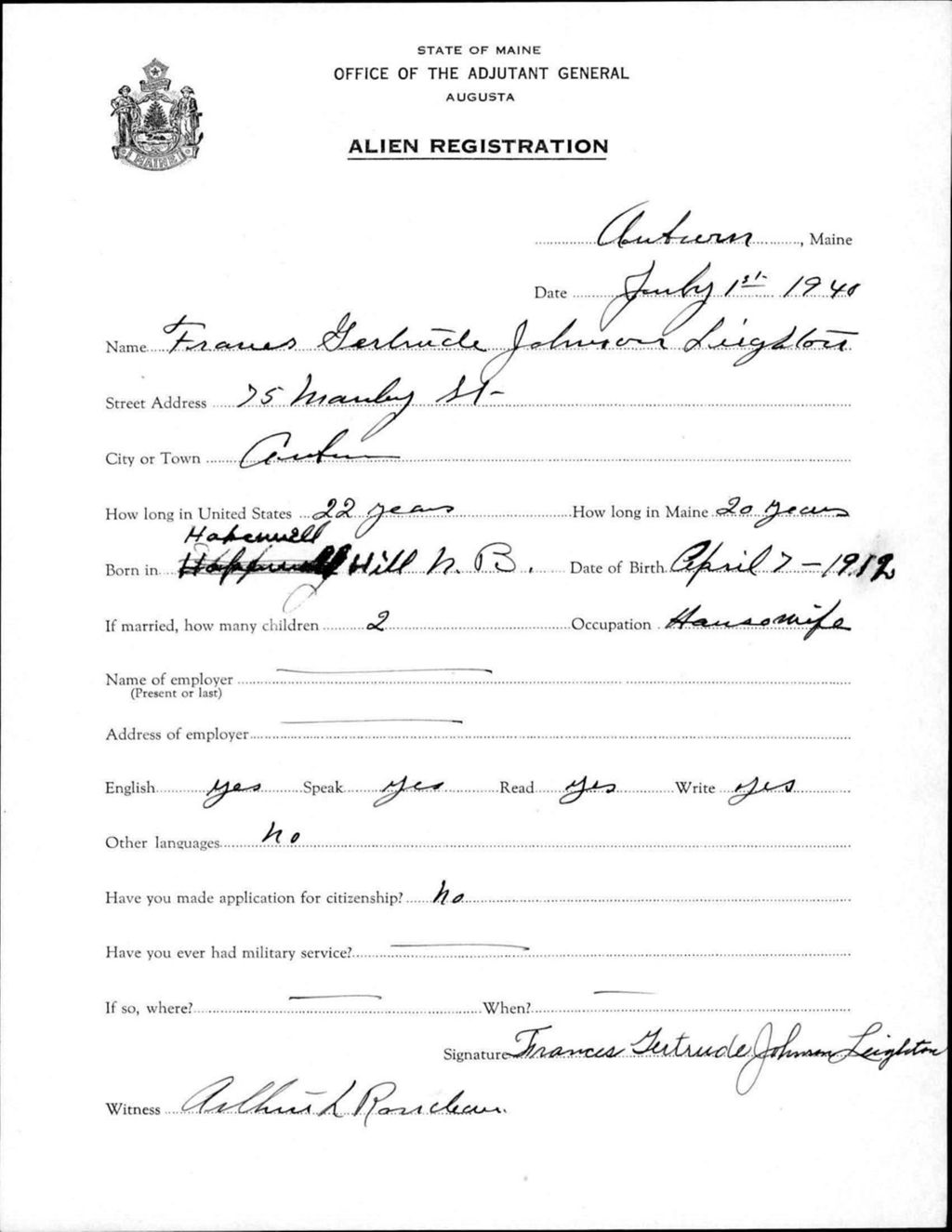 Miniature of Alien Registration- Johnson, Frances G. (Auburn, Androscoggin County)