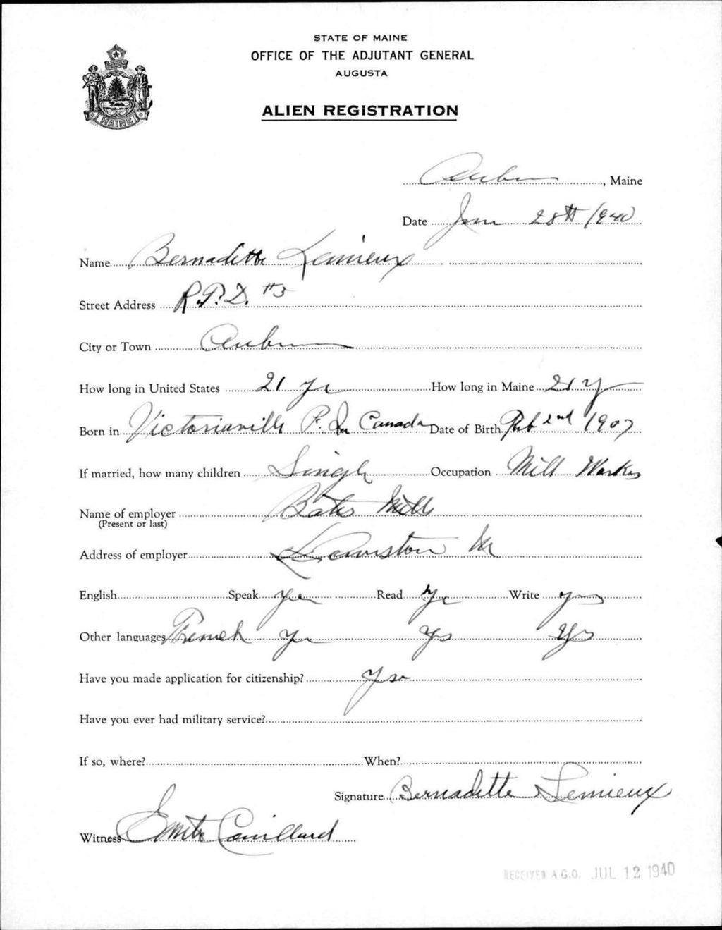 Miniature of Alien Registration- Lemieux, Bernadette (Auburn, Androscoggin County)