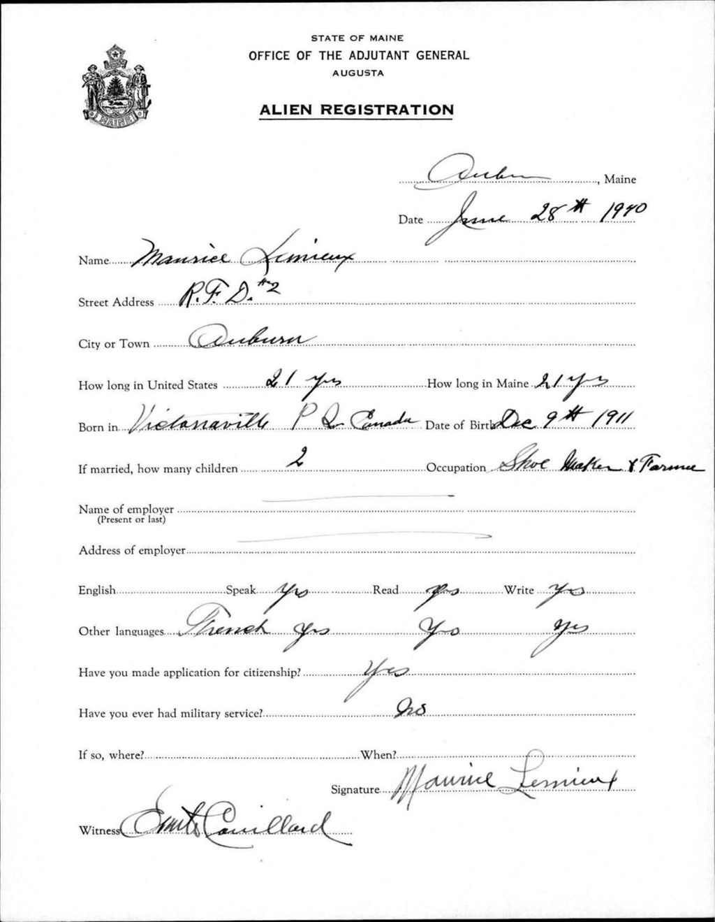 Miniature of Alien Registration- Lemieux, Maurice (Auburn, Androscoggin County)