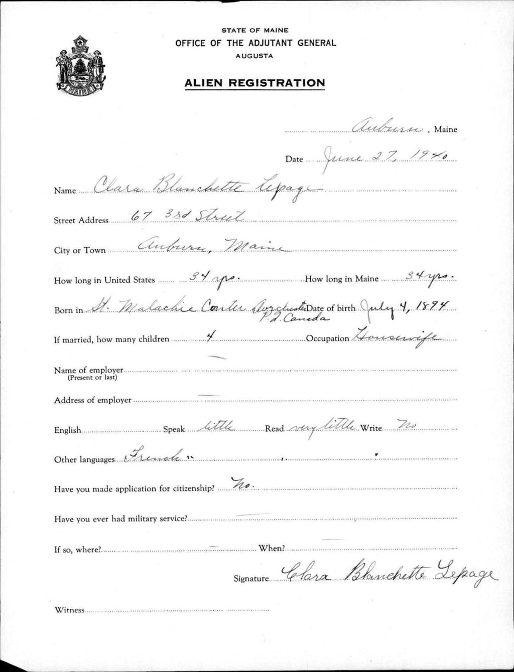 Miniature of Alien Registration- Blanchette, Clara (Auburn, Androscoggin County)