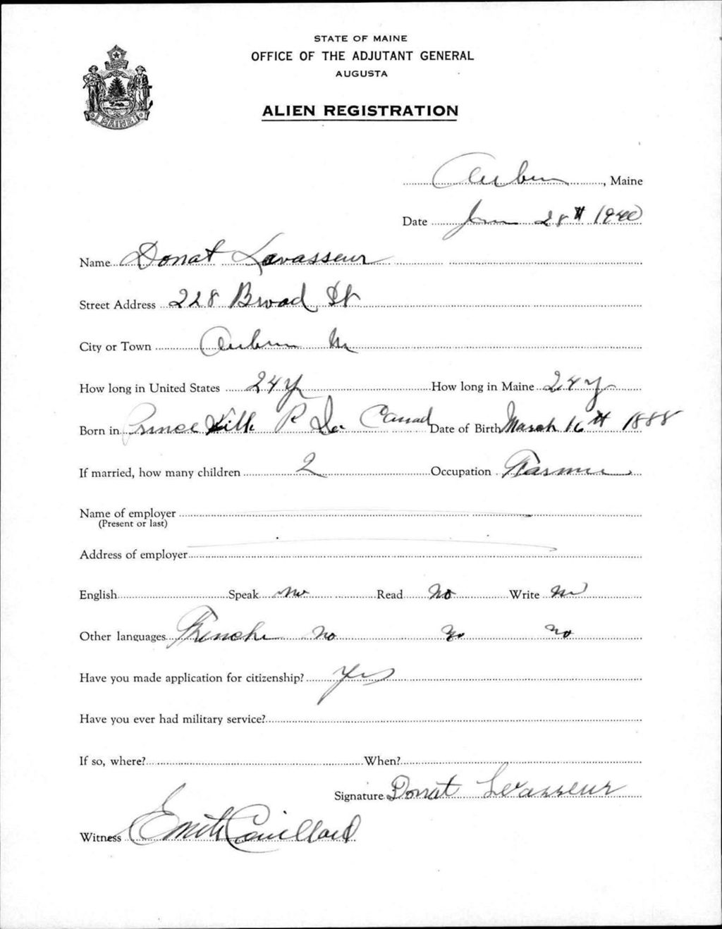 Miniature of Alien Registration- Levasseur, Donat (Auburn, Androscoggin County)