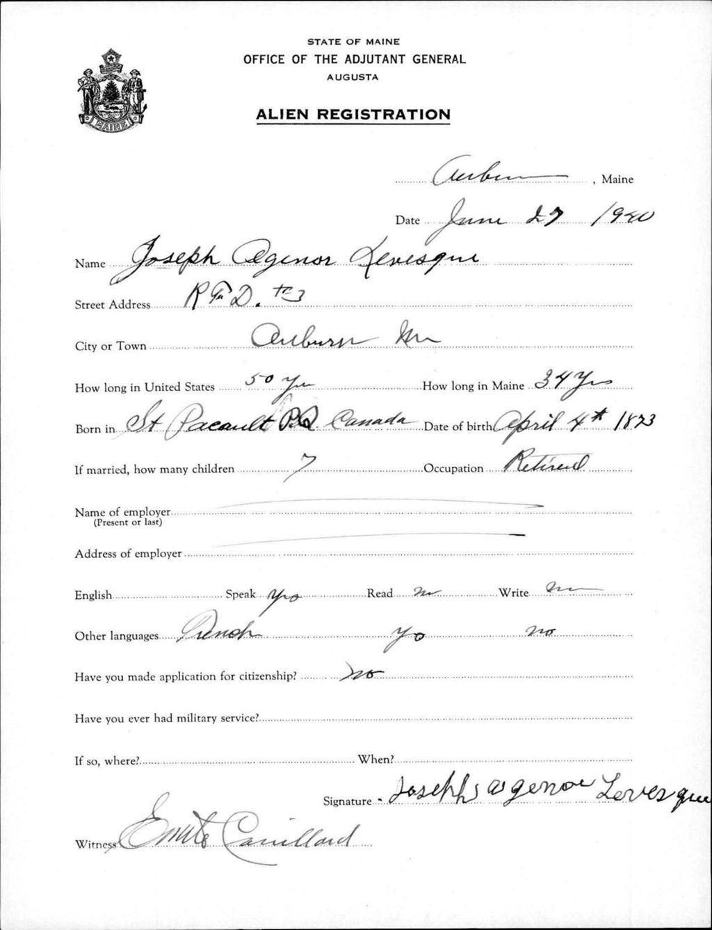 Miniature of Alien Registration- Levesque, Joseph A. (Auburn, Androscoggin County)