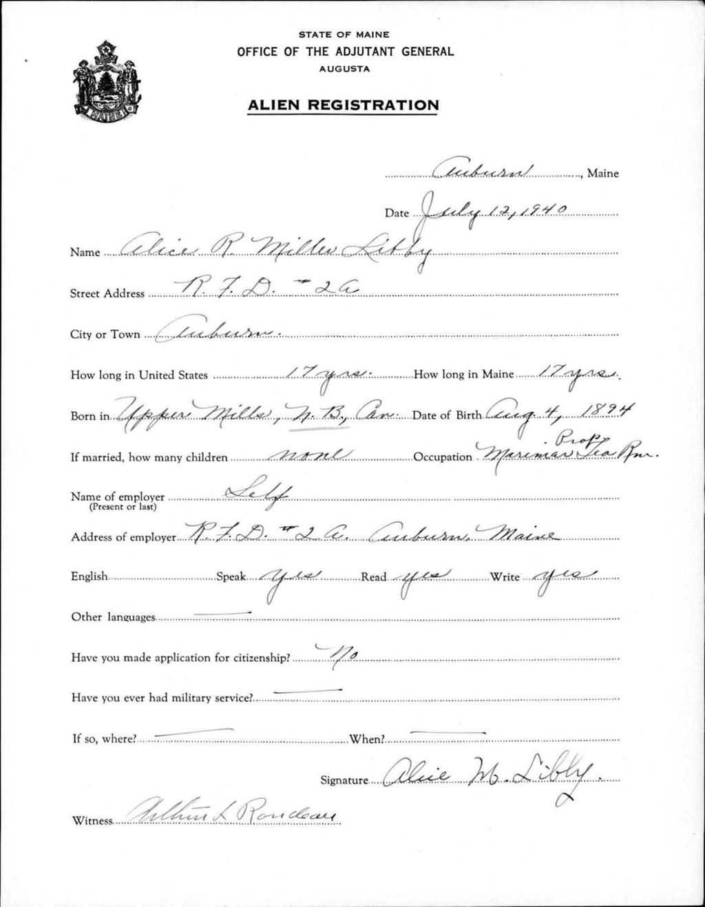 Miniature of Alien Registration- Miller, Alice R. (Auburn, Androscoggin County)