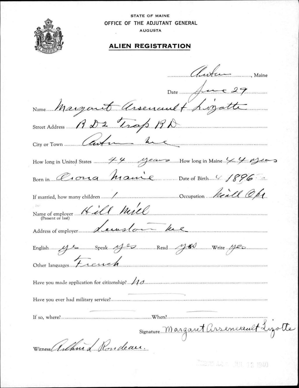 Miniature of Alien Registration- Arsenault, Margaret (Auburn, Androscoggin County)