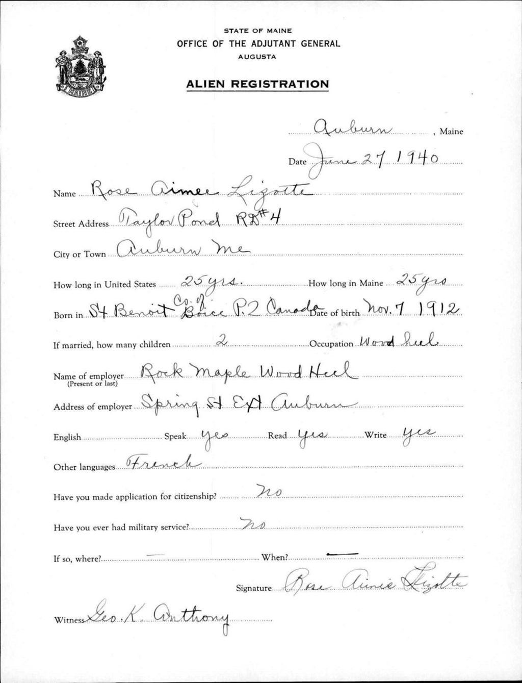 Miniature of Alien Registration- Lizotte, Rose A. (Auburn, Androscoggin County)