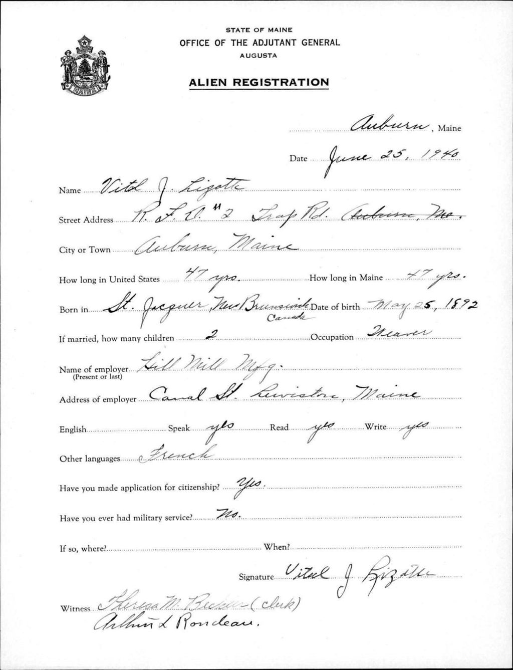 Miniature of Alien Registration- Lizotte, Vital J. (Auburn, Androscoggin County)