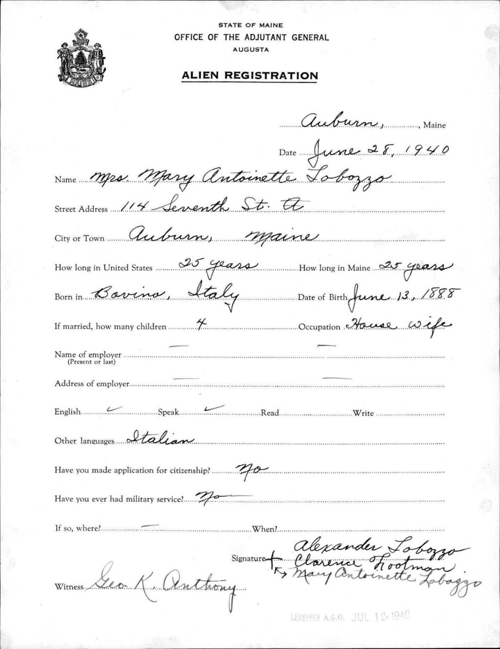 Miniature of Alien Registration- Lobozzo, Mary A. (Auburn, Androscoggin County)