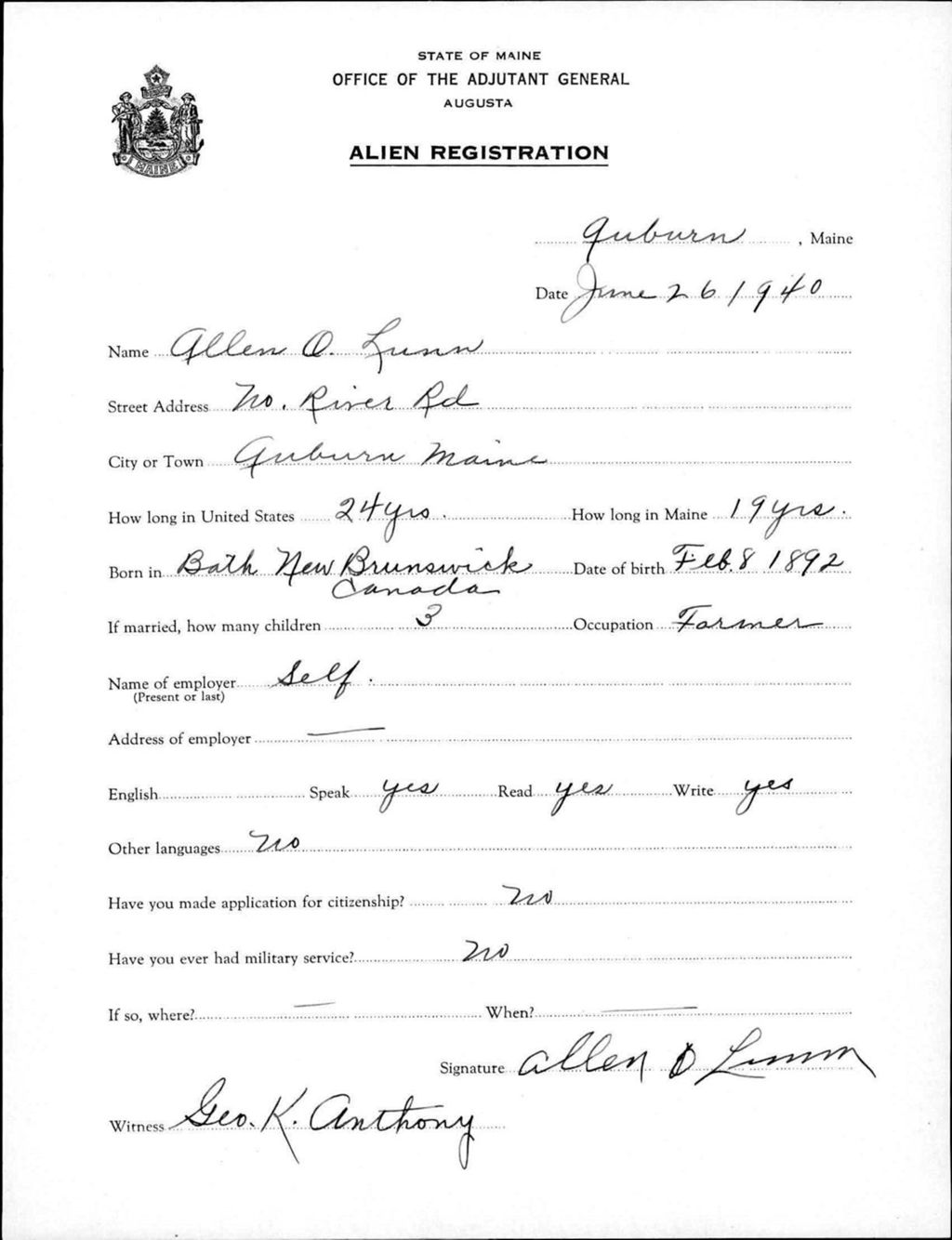 Miniature of Alien Registration- Lunn, Allen O. (Auburn, Androscoggin County)
