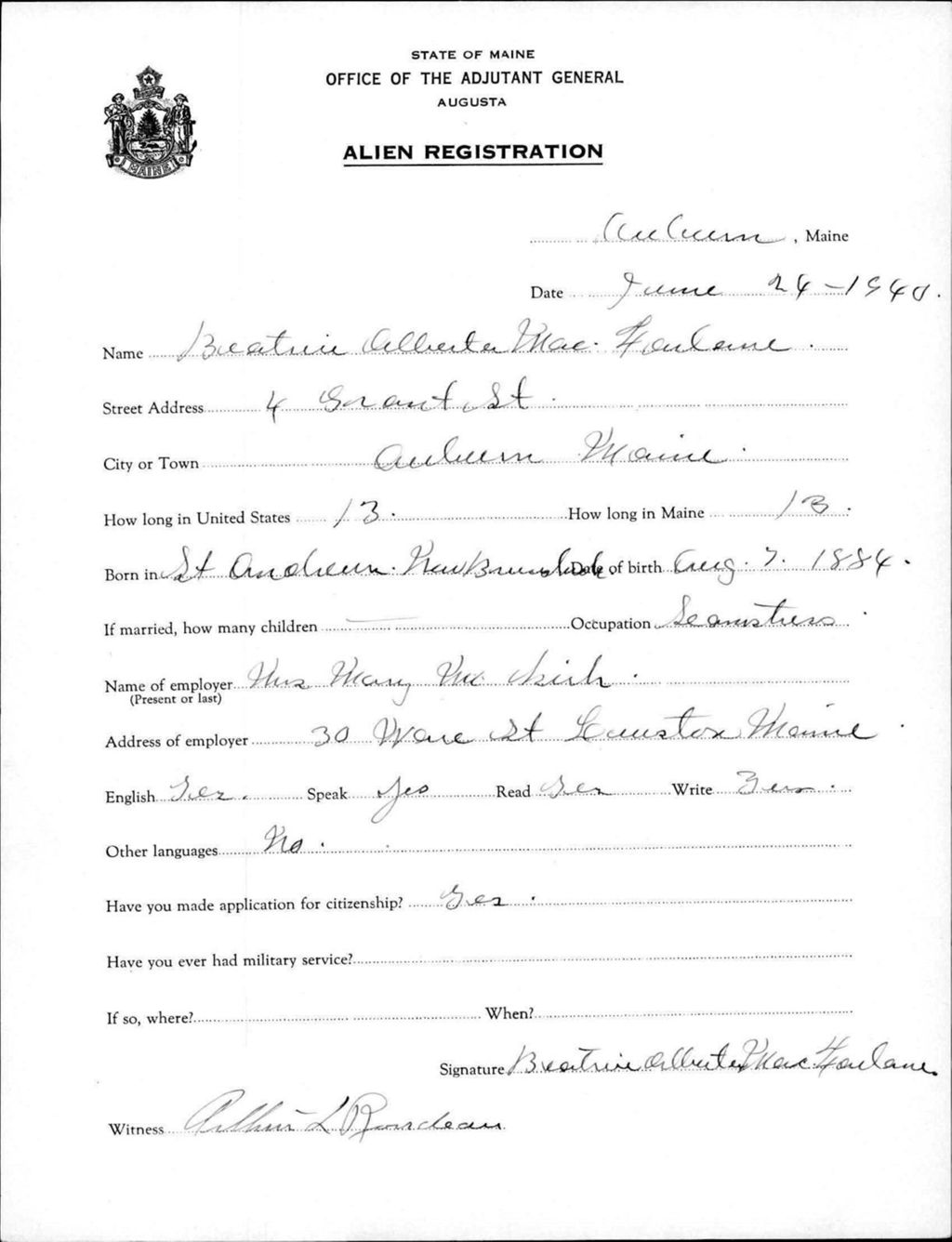 Miniature of Alien Registration- Ouellette, Beatrice (Auburn, Androscoggin County)