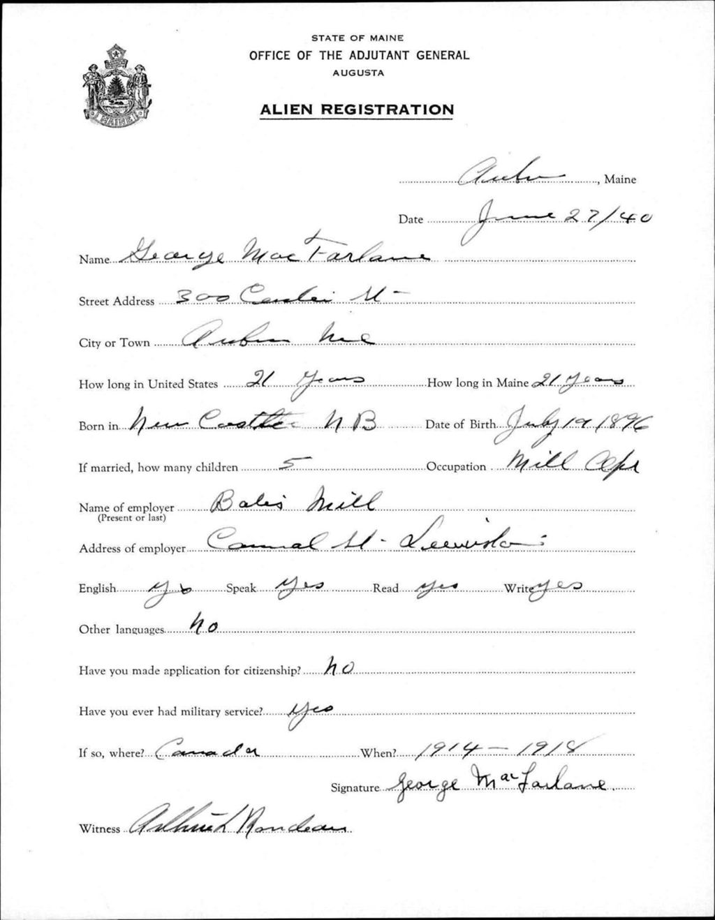 Miniature of Alien Registration- Macfarlane, George (Auburn, Androscoggin County)