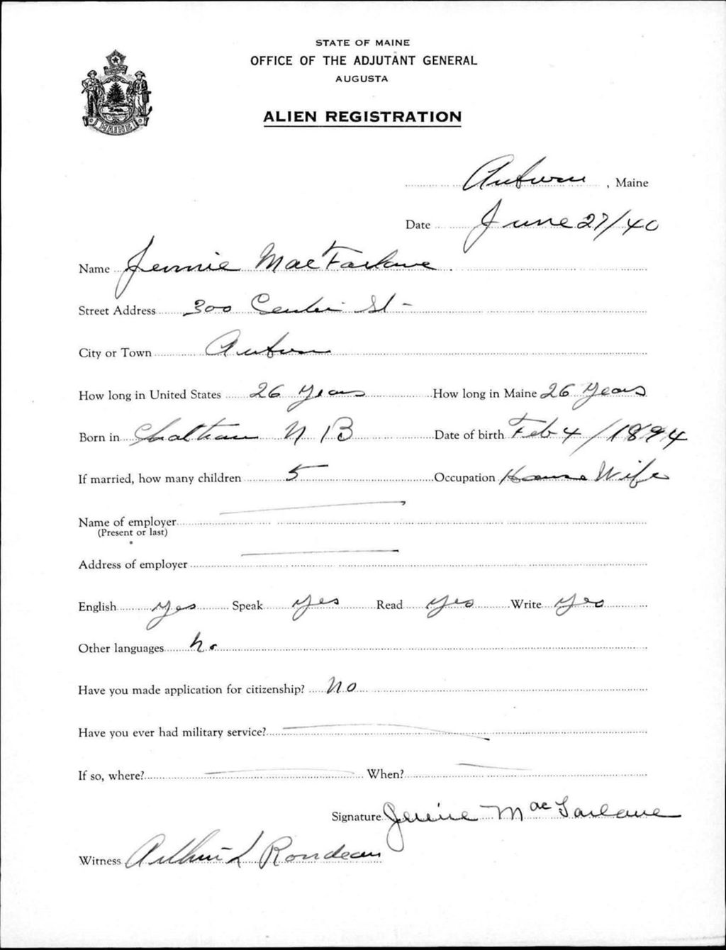 Miniature of Alien Registration- Macfarlane, Jennie (Auburn, Androscoggin County)