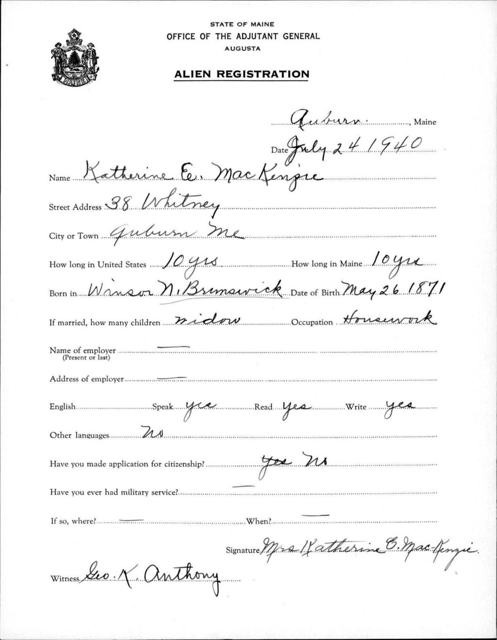 Miniature of Alien Registration- Mackenzie, Katherine E. (Auburn, Androscoggin County)