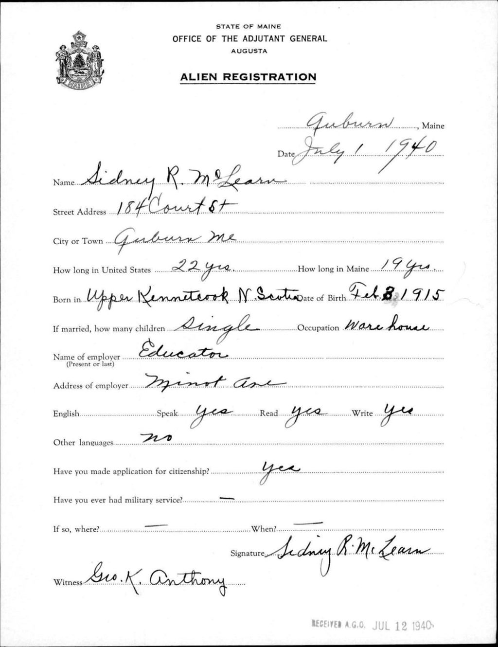 Miniature of Alien Registration- Mclearn, Sidney R. (Auburn, Androscoggin County)