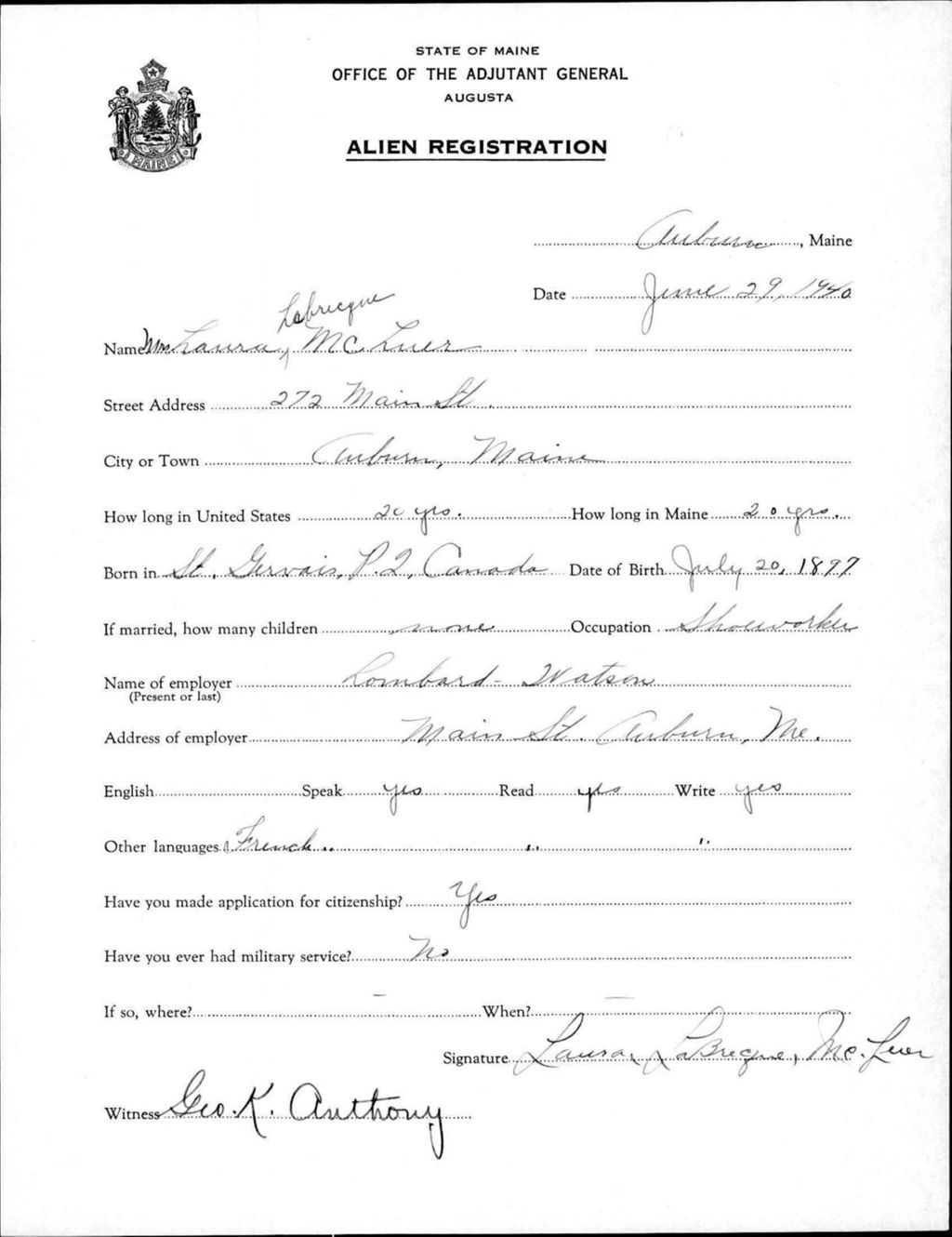 Miniature of Alien Registration- Labrecque, Laura (Auburn, Androscoggin County)