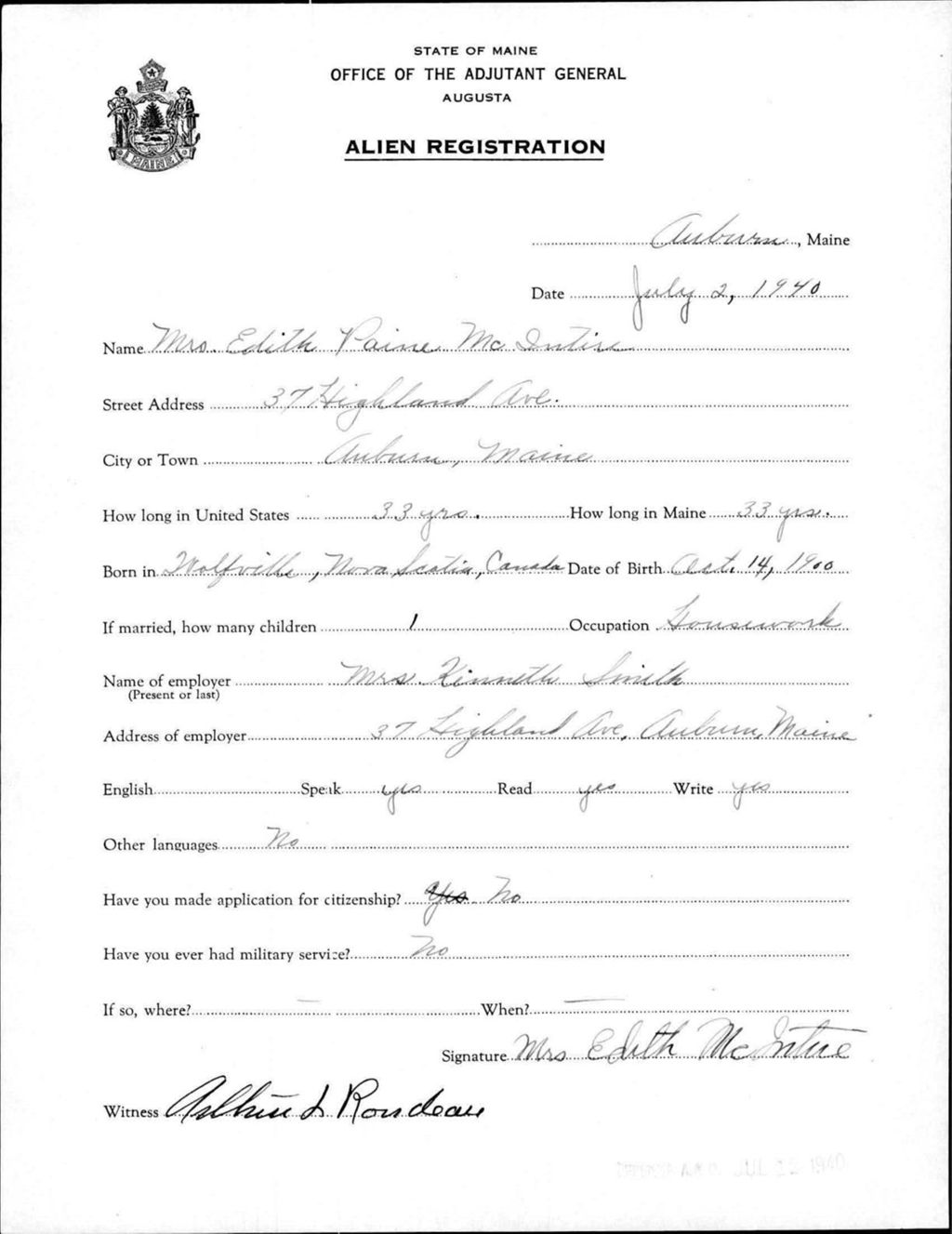 Miniature of Alien Registration- Paine, Edith (Auburn, Androscoggin County)