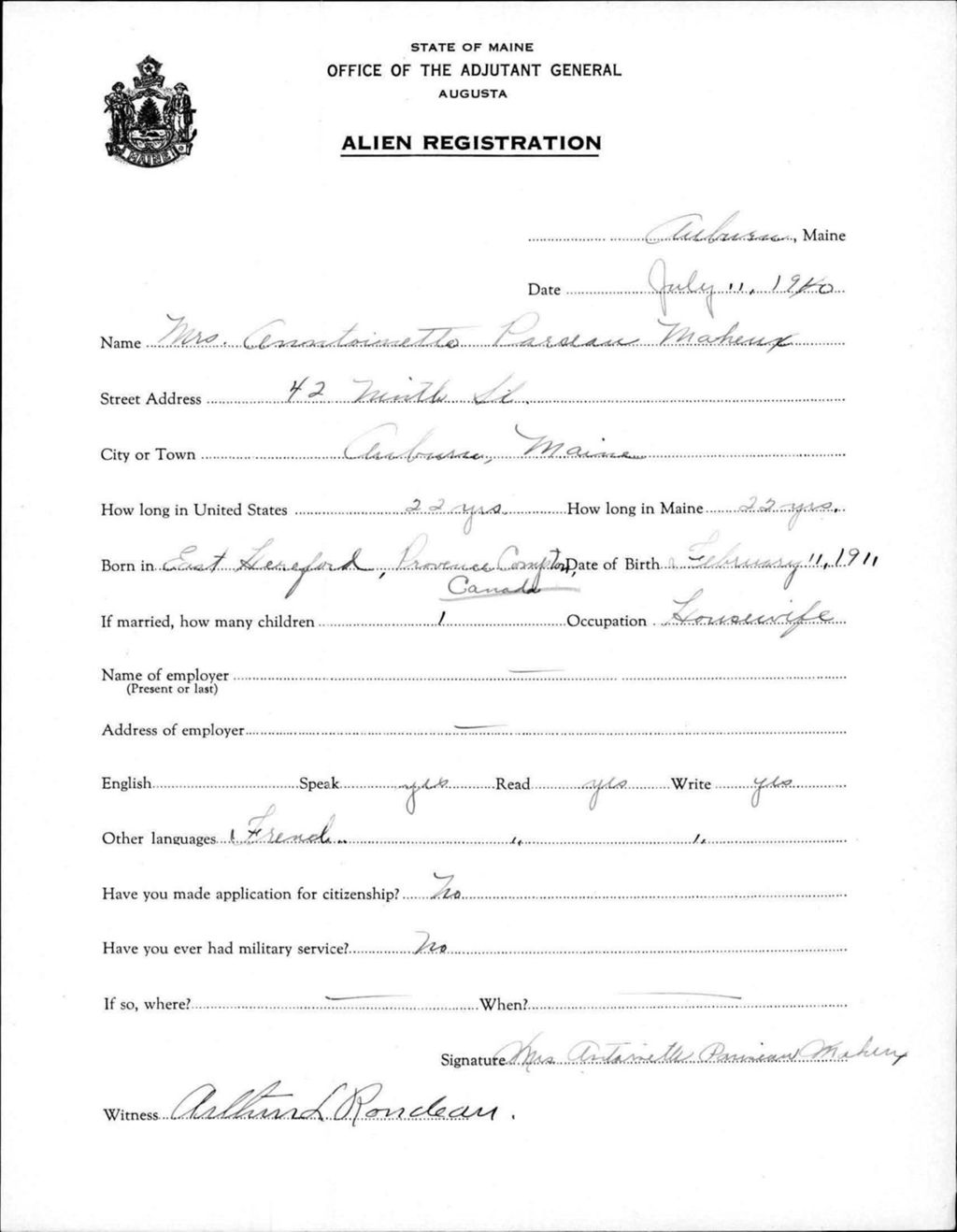 Miniature of Alien Registration- Pareau, Anntoinette (Auburn, Androscoggin County)