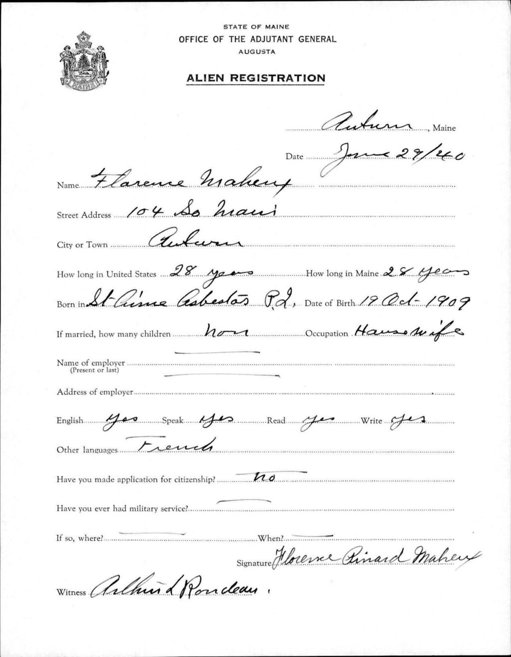 Miniature of Alien Registration- Maheux, Florence (Auburn, Androscoggin County)