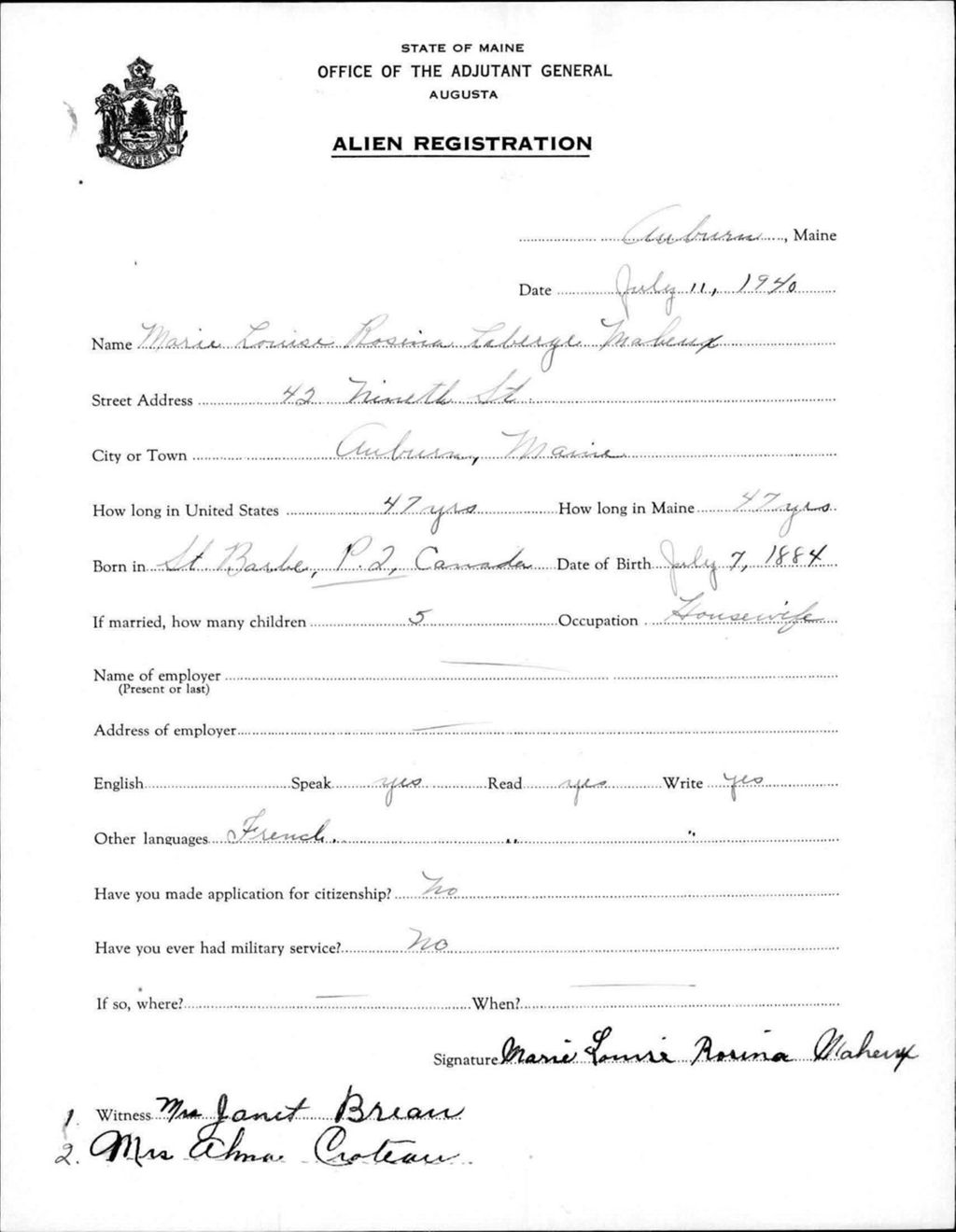 Miniature of Alien Registration- Laberge, Marie Louise R. (Auburn, Androscoggin County)