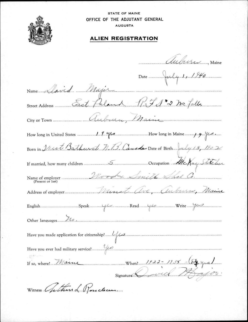 Miniature of Alien Registration- Major, David (Auburn, Androscoggin County)