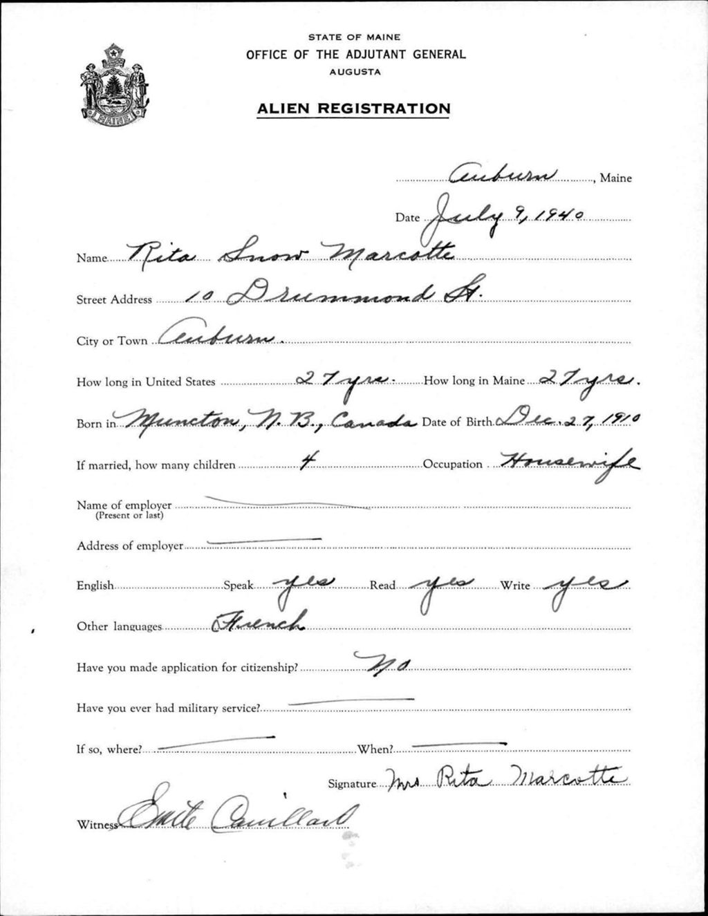 Miniature of Alien Registration- Snow, Rita (Auburn, Androscoggin County)