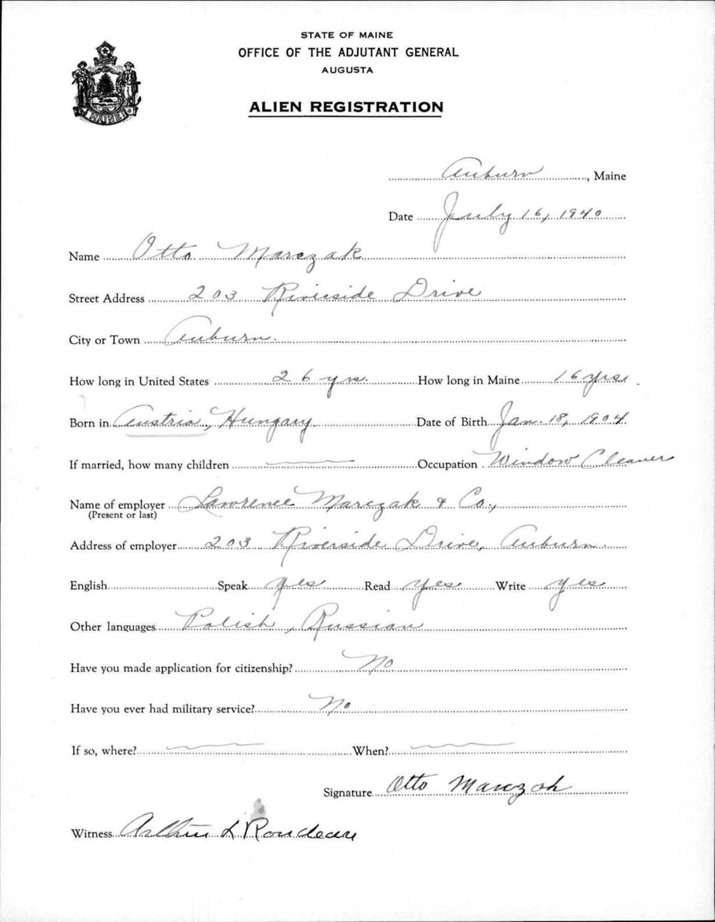 Miniature of Alien Registration- Marczak, Otto (Auburn, Androscoggin County)