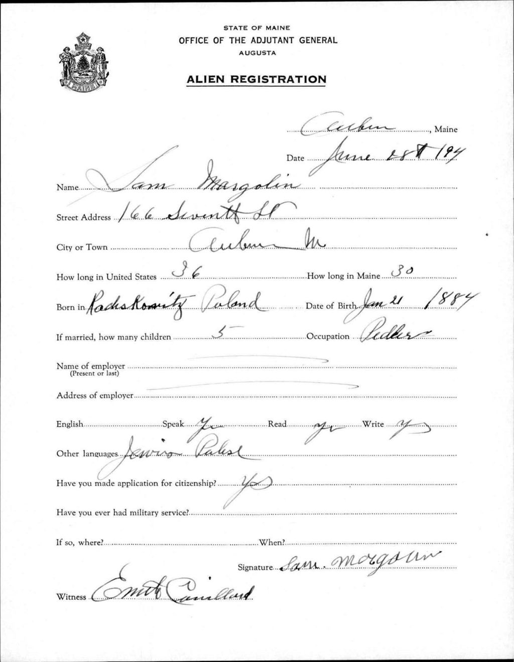 Miniature of Alien Registration- Margolin, Sam (Auburn, Androscoggin County)