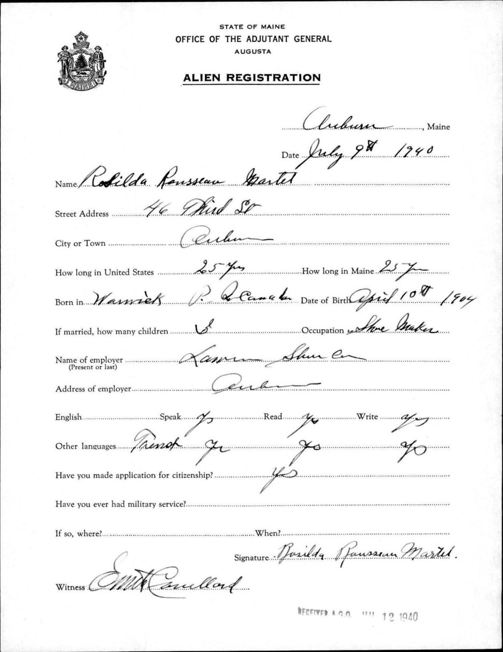 Miniature of Alien Registration- Rousseau, Rosilda (Auburn, Androscoggin County)