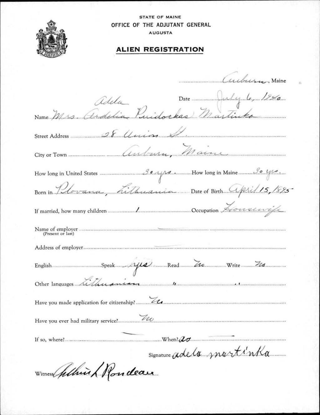Miniature of Alien Registration- Puidockas, Adela (Auburn, Androscoggin County)
