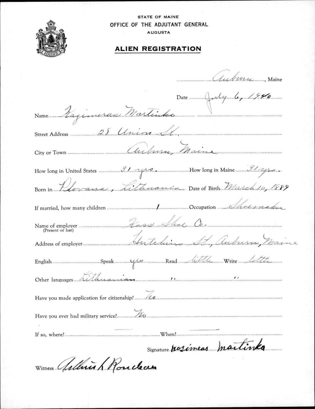 Miniature of Alien Registration- Martinka, Kozineas (Auburn, Androscoggin County)