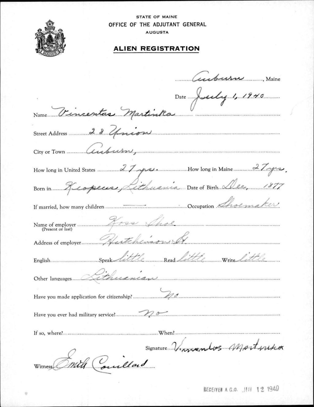Miniature of Alien Registration- Martinka, Vincentas (Auburn, Androscoggin County)