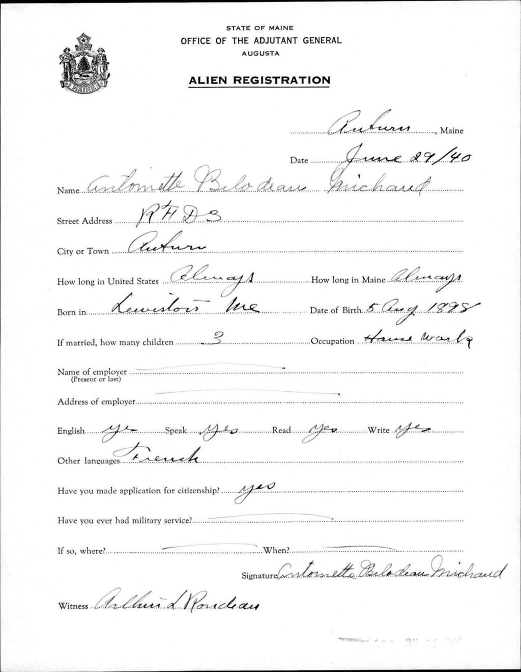 Miniature of Alien Registration- Bilodeau, Antoinette (Auburn, Androscoggin County)
